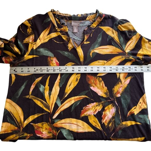 Chicos Womens V Neck Brown & Yellow Floral Long-Sleeve Top Size 2 (Large) - Picture 7 of 8